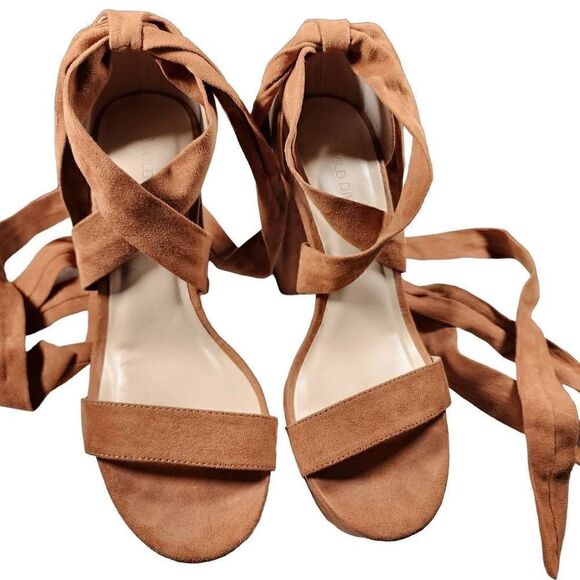 Wild Diva Lounge Suede Lace Up Platform Heeled Ankle Strap Sandals Brown Size 7 - Picture 2 of 9